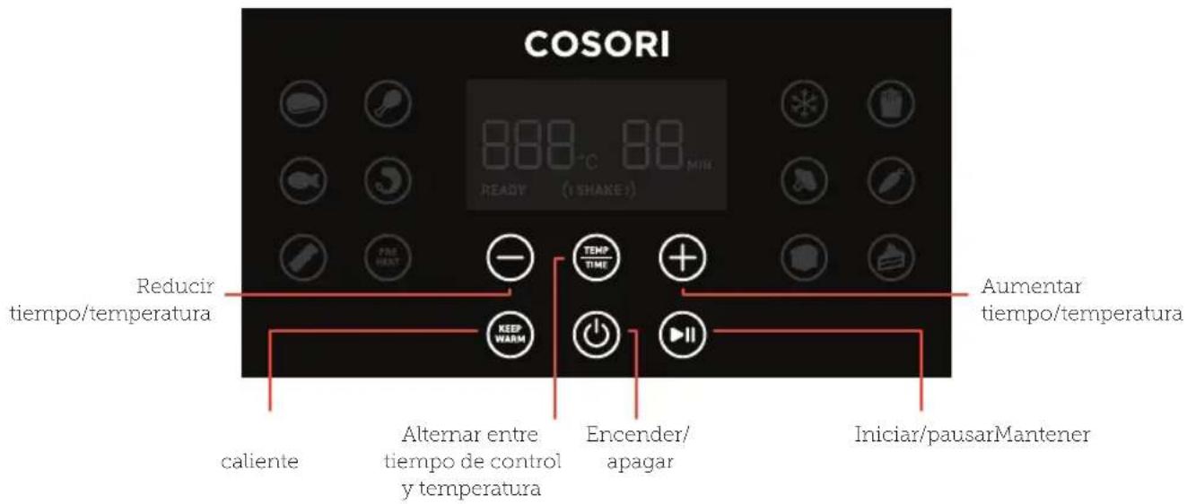 COSORI 888°C 88 MIN READY (1 SHAKE) Pre HUNT Reducir tiempo/temperatura caliente Alternar entre tiempo de control y temperatura TEMP TIME + KEEP WARM Encender/ apagar Aumentar tiempo/temperatura Iniciar/pausarMantener