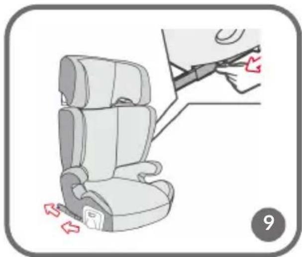 Illustration showing a car seat with red arrows indicating seatbelting and a magnified detail of the seat being adjusted.