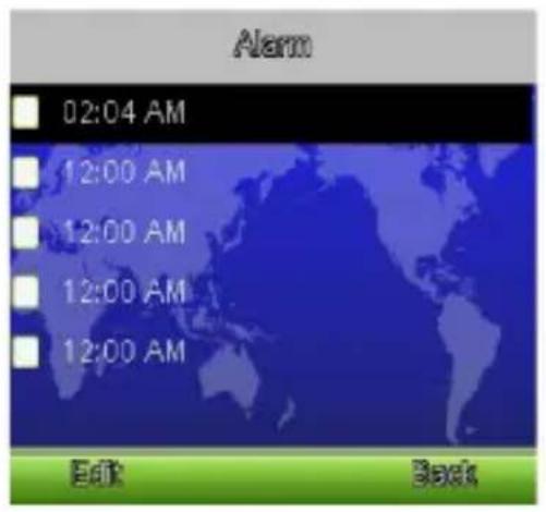 Alarm 02:04 AM 12:00 AM 12:00 AM 12:00 AM 12:00 AM Edit Back