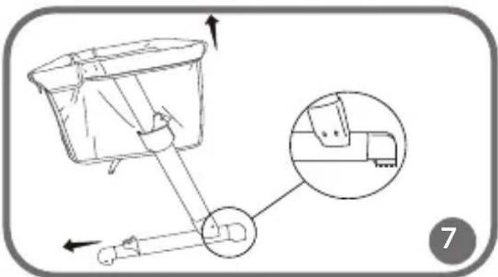 Diagram illustrating a mechanical assembly with labeled components and directional arrows, including a magnified inset showing a close-up of a device.
