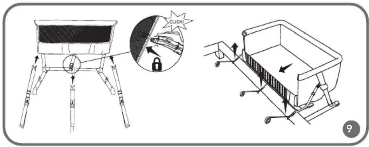 Technical diagram showing two views of a small robotic device with labeled parts and an instructional arrow pointing to a lock mechanism.