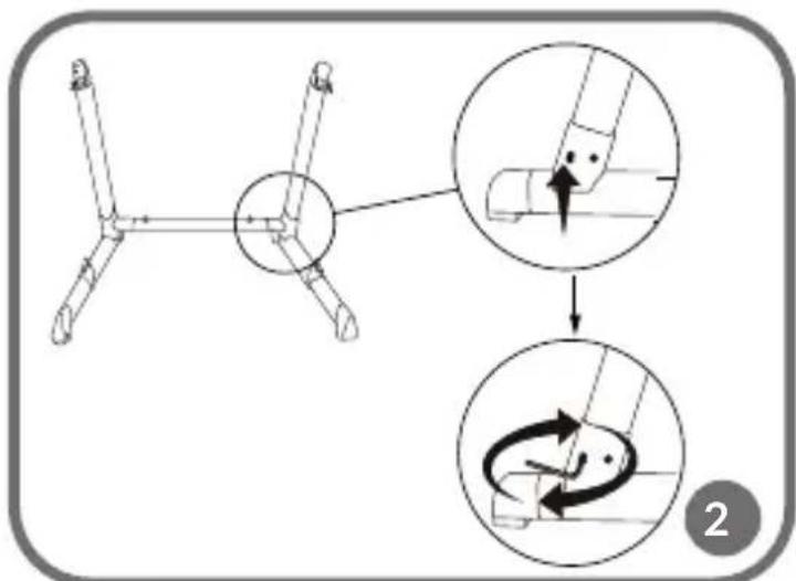 Diagram illustrating a mechanical assembly with three arms and a circular component, showing step-by-step folding and rotation process.