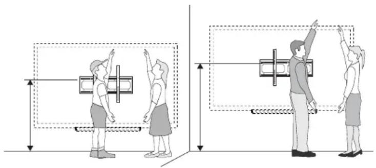 Diagram illustrating two spatial positions of a device with directional arrows and measurement scales, showing alignment and orientation between two people.