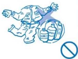 Illustration showing a person falling with a bottle labeled '消毒液' (soldering) and a prohibition symbol below.