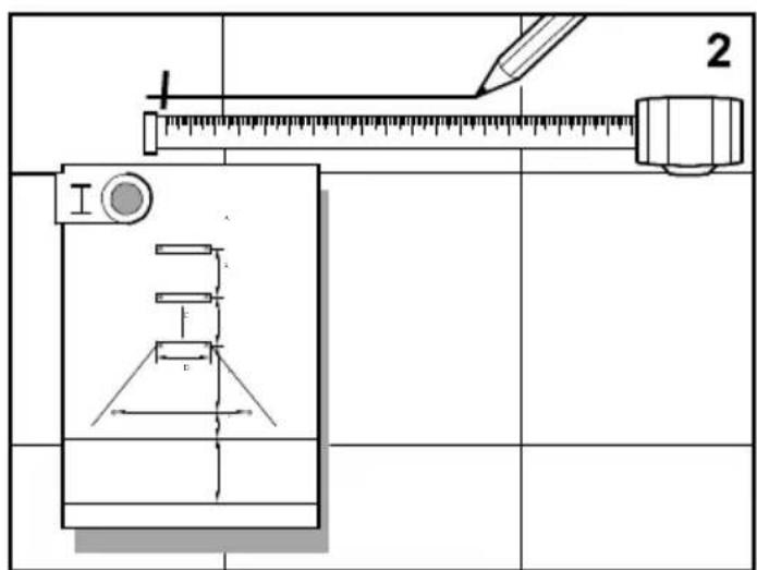 Technical diagram showing a measuring instrument setup with labeled components and measurement markings