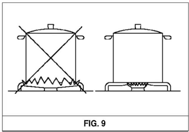 Two simple line drawings of a cooking pot with a spring and heating element, labeled FIG. 9 (no text or symbols on the diagrams)