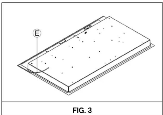 Isometric technical drawing of a rectangular plate with internal holes and a labeled point E, no text or symbols present
