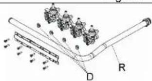 Technical diagram of a mechanical assembly with labeled components D and R, showing components like gears and springs.