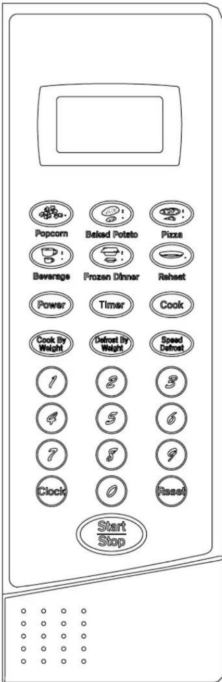 Popcorn Baked Potato Pizza Beverage Frozen Dinner Reheat Power Timer Cook Cook By Weight Defrost By Weight Speed Defrost 1 2 3 4 5 6 7 8 9 Clock 0 Reset Start/Stop