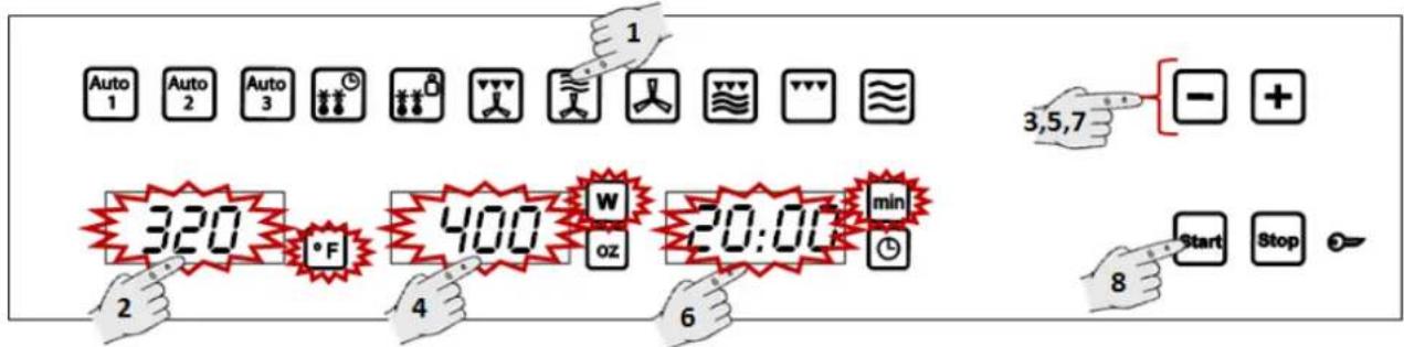Auto 1 Auto 2 Auto 3 3,5,7 320 °F 400 W oz 20:04 min 8 Start Stop
