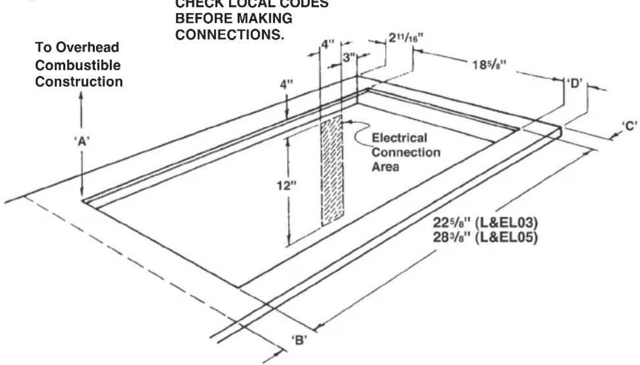 CHECK LOCAL CODES BEFORE MAKING CONNECTIONS. To Overhead Combustible Construction 'A' 4" 3" 2"11/16" 185/8" D' C' 12" Electrical Connection Area 225/8" (L&EL03) 283/8" (L&EL05)