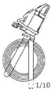 Technical line drawing of a mechanical device with a coiled cable and lever (no text or symbols)