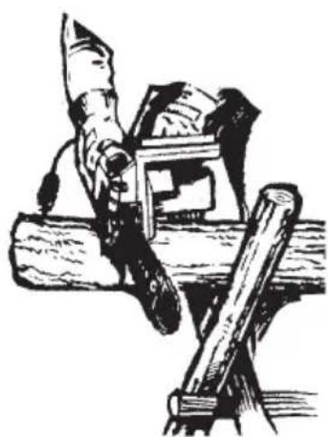 Illustration of a hand operating a wooden saw with a tool, no text or symbols present