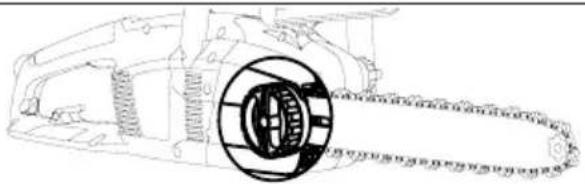 Technical line drawing of a mechanical chain with a circular inset showing a gear component (no text or symbols)