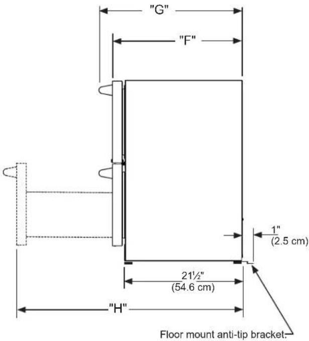 "G" "F" 1" (2.5 cm) 21½" (54.6 cm) "H" Floor mount anti-tip bracket.