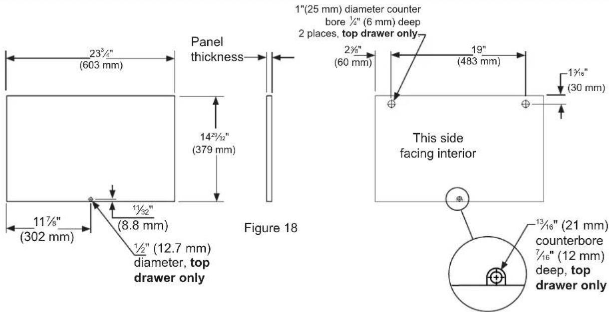 23³/₄" (603 mm) Panel thickness 14²⁹/³²" (379 mm) 1" (25 mm) diameter counter bore ½" (6 mm) deep 2 places, top drawer only 2³/₃" (60 mm) 19" (483 mm) 1½" (30 mm) 1½" (8.8 mm) 1½" (12.7 mm) diameter, top drawer only Figure 18 This side facing interior 13/₁₆" (21 mm) counterbore 7/₁₆" (12 mm) deep, top drawer only