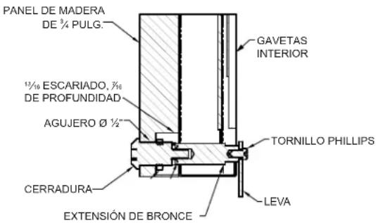 PANEL DE MADERA DE 3/4 PULG. 1½/10 ESCARIADO, ½/6 DE PROFUNDIDAD AGUJERO Ø ½" CERRADURA EXTENSIÓN DE BRONCE GAVETAS INTERIOR TORNILLO PHILLIPS LEVA