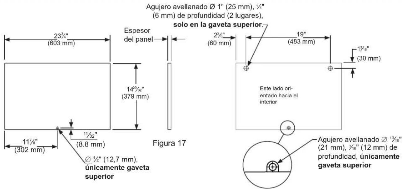 Agujero avellanado Ø 1" (25 mm), ¼" (6 mm) de profundidad (2 lugares), solo en la gaveta superior. Espesor del panel 23¾" (603 mm) 14²⁵/³²" (379 mm) 2¾" (60 mm) 19" (483 mm) 1³/¹⁶" (30 mm) Figura 17 11½" (302 mm) 1½" (8.8 mm) Ø ½" (12,7 mm), únicamente gaveta superior Este lado ori- entado hacia el interior Agujero avellanado Ø ¹³/¹⁶" (21 mm), ½" (12 mm) de profundidad, únicamente gaveta superior