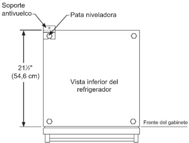 Soporte antivuelco Pata niveladora 21½" (54,6 cm) Vista inferior del refrigerador Frente del gabinete
