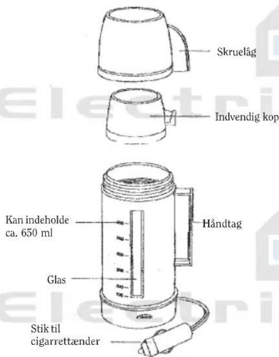 Skruelåg Indvendig kop Kan indeholde ca. 650 ml Håndtag Glas Stik til cigarrettænder