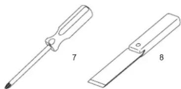 Technical line drawings of two screwdriver tools labeled 7 and 8 (no text or symbols on the tools themselves)
