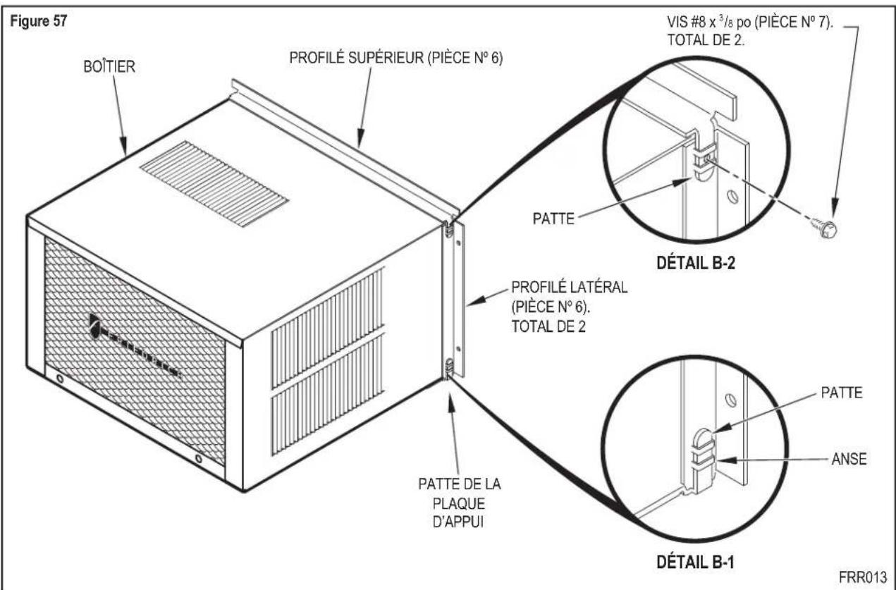 Figure 57 BOÎTIER PROFILÉ SUPÉRIEUR (PIÈCE N° 6) VIS #8 x 3/8 po (PIÈCE N° 7). TOTAL DE 2. PATTE DÉTAIL B-2 PROFILÉ LATÉRAL (PIÈCE N° 6). TOTAL DE 2 PATTE DE LA PLAQUE D'APPUI PATTE ANSE DÉTAIL B-1 PATTE FRR013