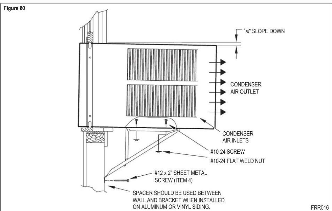 Figure 60 ³/8" SLOPE DOWN CONDENSER AIR OUTLET CONDENSER AIR INLETS #10-24 SCREW #10-24 FLAT WELD NUT #12 x 2" SHEET METAL SCREW (ITEM 4) SPACER SHOULD BE USED BETWEEN WALL AND BRACKET WHEN INSTALLED ON ALUMINUM OR VINYL SIDING. FRR016