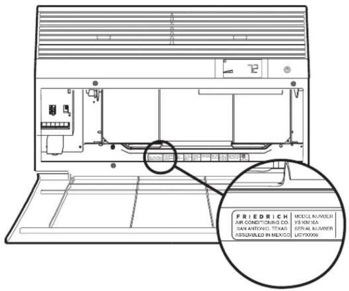 FRIEDRICH AIR CONDITIONING CO. SAN ANTONIO, TEXAS ASSEMBLED IN MEXICO MODEL NUMBER YERIONICA SERIAL NUMBER LICY00008