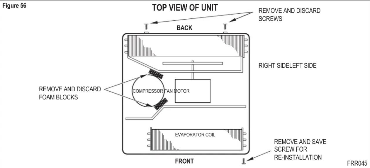 Figure 56 TOP VIEW OF UNIT BACK REMOVE AND DISCARD SCREWS RIGHT SIDELEFT SIDE REMOVE AND DISCARD FOAM BLOCKS COMPRESSOR FAN MOTOR EVAPORATOR COIL FRONT REMOVE AND SAVE SCREW FOR RE-INSTALLATION FRR045