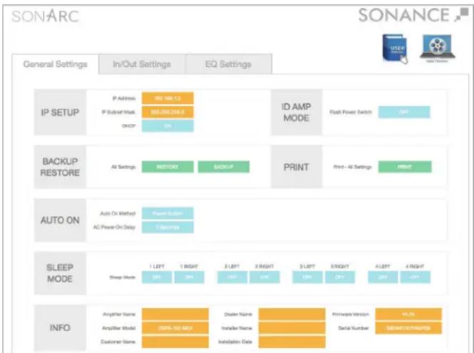SONARC General Settings In/Out Settings EQ Settings IP SETUP P Address 983.565.13 IP Subnet Mask 983.266.244.0 ONCP ON ID AMP MODE Flash Power Switch OPP BACKUP RESTORE BACKUP PRINT Print - All Settings PRINT AUTO ON Auto On Method Power Button AC Power On Delay T-Balance SLEEP MODE Deep Mode 1 LEFT…