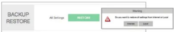 BACKUP RESTORE All Settings RESTORE Warning Do you want to restore all settings from Internet or Local Internet Local