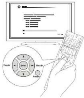 Diagram showing a hand holding a remote control with a play button and navigation icons, alongside a screen displaying a menu interface.