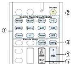 Source Remote Mode Input/Select MI/WD Cl/Ud DM/Ud FC Gene Sensin AUX CD Therap TV Tuner MET Electro Mids Color Rating + Co Plus VOL Main