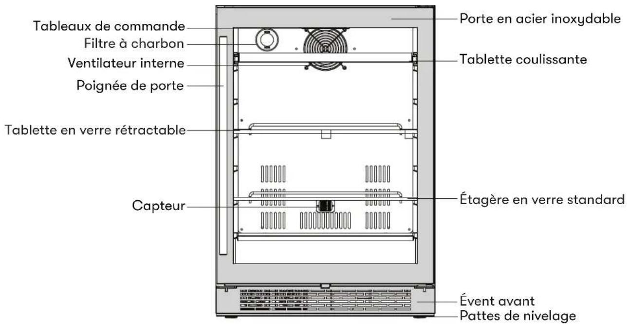 Tableaux de commande Filtre à charbon Ventilateur interne Poignée de porte Tablette en verre rétractable Capteur Porte en acier inoxydable Tablette coulissante Étagère en verre standard Évent avant Pattes de nivelage