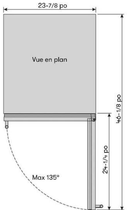 23-7/8 po Vue en plan 46-1/8 po Max 135° 24-1/4 po