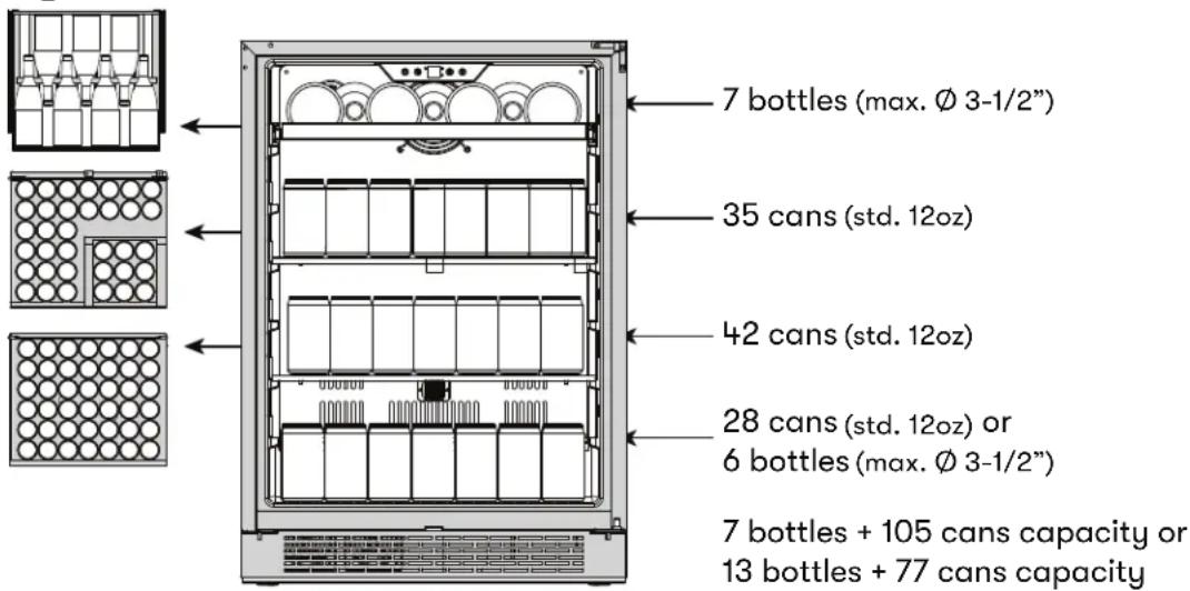 7 bottles (max. Ø 3-1/2") 35 cans (std. 12oz) 42 cans (std. 12oz) 28 cans (std. 12oz) or 6 bottles (max. Ø 3-1/2") 7 bottles + 105 cans capacity or 13 bottles + 77 cans capacity