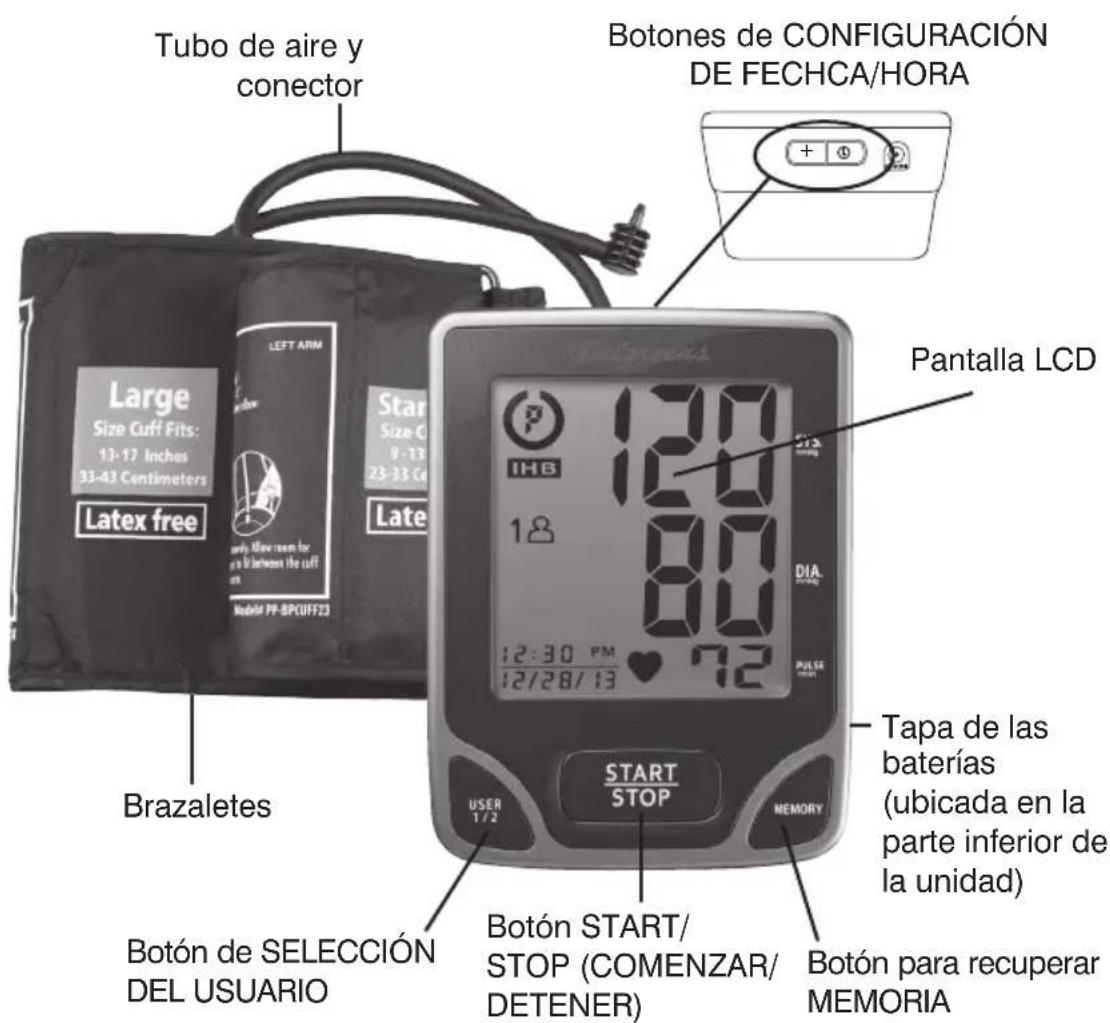 Tubo de aire y conector Botones de CONFIGURACIÓN DE FECHCA/HORA Pantalla LCD Large Size Cuff Fits: 13-17 Inches 33-43 Centimeters Latex free Left ARM Star Size C 0-13 23-33 Co Late 12:30 PM 12/28/13 120 80 72 Brazaletes Tapa de las baterías (ubicada en la parte inferior de la unidad) START STOP MEMORY Botón START/ STOP (COMENZAR/ DETENER) Botón para recuperar MEMORIA BOTÓN DE SELECCIÓN DEL USUARIO