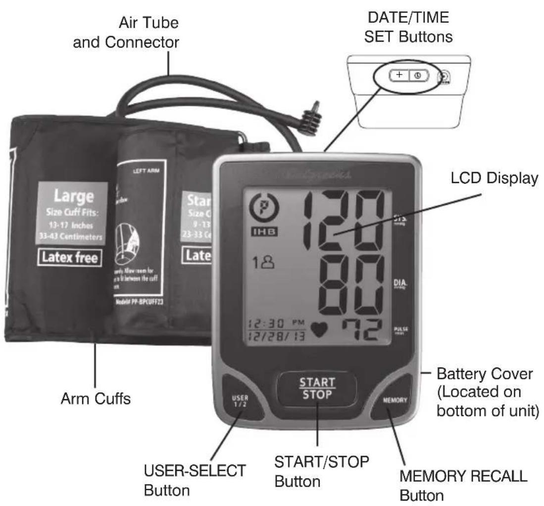 Air Tube and Connector DATE/TIME SET Buttons LCD Display Large Size Cuff Fits: 13-17 Inches 33-43 Centimeters Latex free Left ARM Star Size C 0-13 23-33 Co Late 12:30 PM 12/28/13 START/STOP Button START/STOP Button MEMORY RECALL Button Battery Cover (Located on bottom of unit) ARM Cuffs START STOP MEMORY