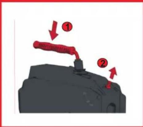 Diagram showing a red tool pressing down on a black object, with numbered annotations indicating process steps.
