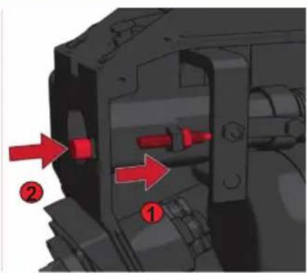 Technical diagram of a mechanical assembly with numbered components and red directional arrows indicating motion or flow.