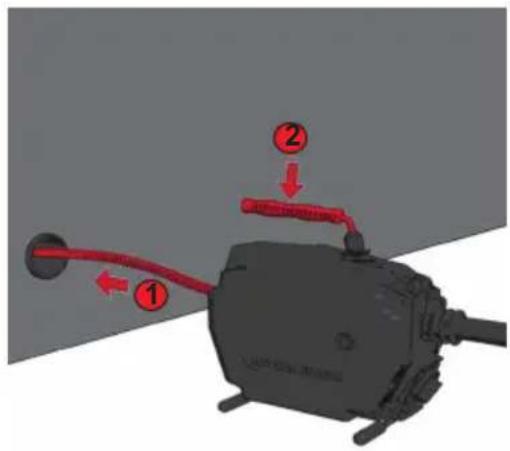 Diagram of a mechanical device with labeled parts and directional arrows indicating connection or movement.