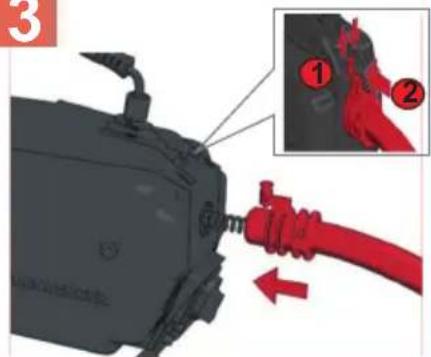 Diagram showing a mechanical component being inserted into a red hose, with labeled parts 1 and 2 indicating different states or features.