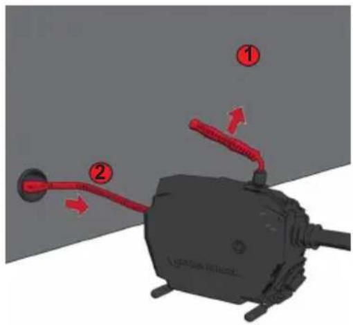Diagram of a mechanical device with numbered components and red directional arrows indicating motion or flow.