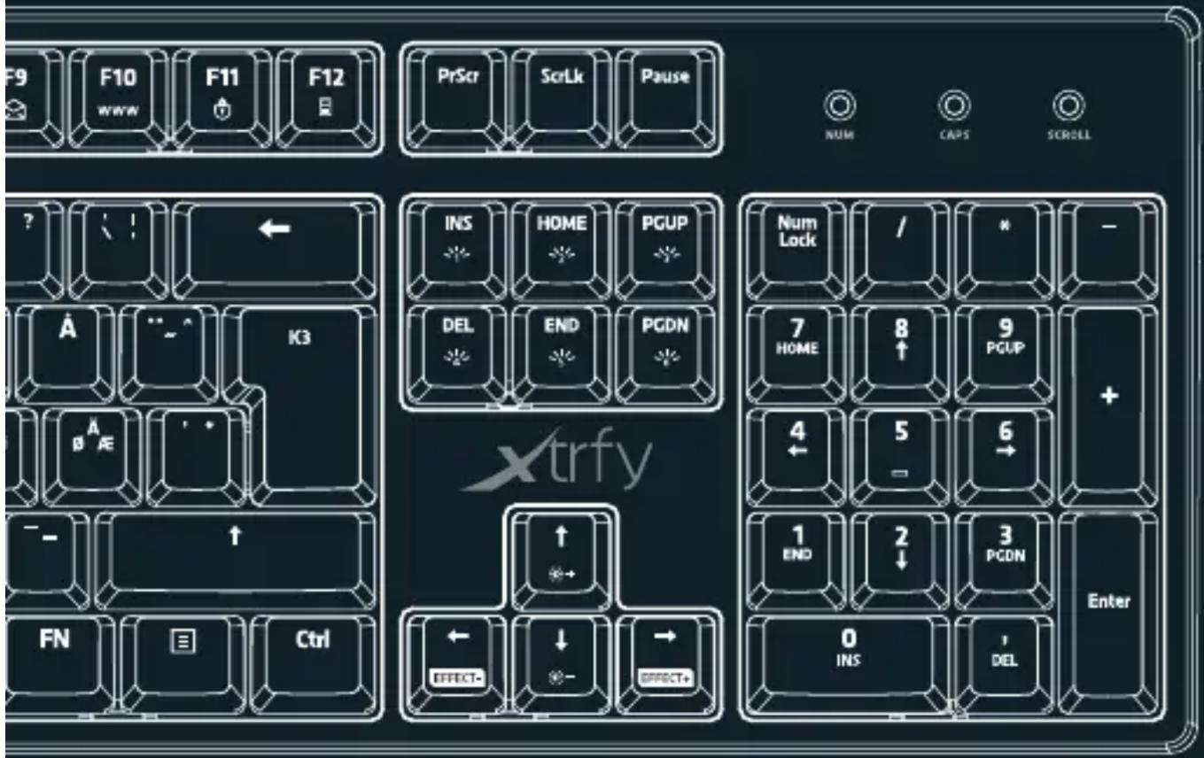 F9 F10 WWW F11 F12 PrScr ScrLk Pause ? ↓ INS HOME PGUP Δ K3 Δ A E Δ ↑ Xtrfy FN Ctrl ← EFFECT- ↓ *- - → INT END PGDN Num Lock / * 7 HOME 8 ↑ 9 PGUP + 4 5 - 6 + 1 END 2 ↓ 3 PCDN Enter 0 INS DEL