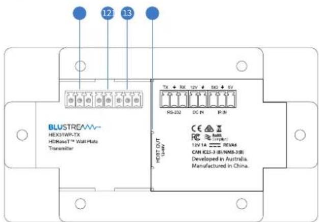 BLUSTREAM HEX31WP-TX HD83ETM Wall Plate Transmitter TX + RX 12V + 50V + 5V RS-232 DC IN RIN HD83 OUT 124W CE RE CAN ICES-3 (B)/NMB-3(B) Developed in Australia. Manufactured in China.
