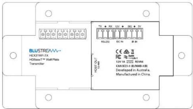 BLUSTREAM HEX31WP-TX HDBaseT™ Wall Plate Transmitter TX + RX 12V + BG + SV RS-232 DC IN RIN HDBST OUT 12.4W CE Matts 12V 1A REVM6 CAN ICE3-1 (0)NMB-1(0) Developed in Australia, Manufactured in China.