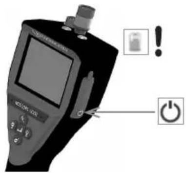 Diagram of a device with labeled buttons and icons, including a battery icon and power button
