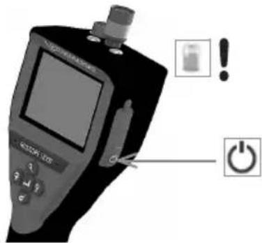 Diagram of a device with labeled buttons and icons, including a battery icon and power button