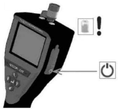 Diagram of a device with labeled buttons and warning symbols, including battery icon and power button