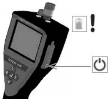 Diagram of a device with warning labels and power button, showing screen, buttons, and battery icon